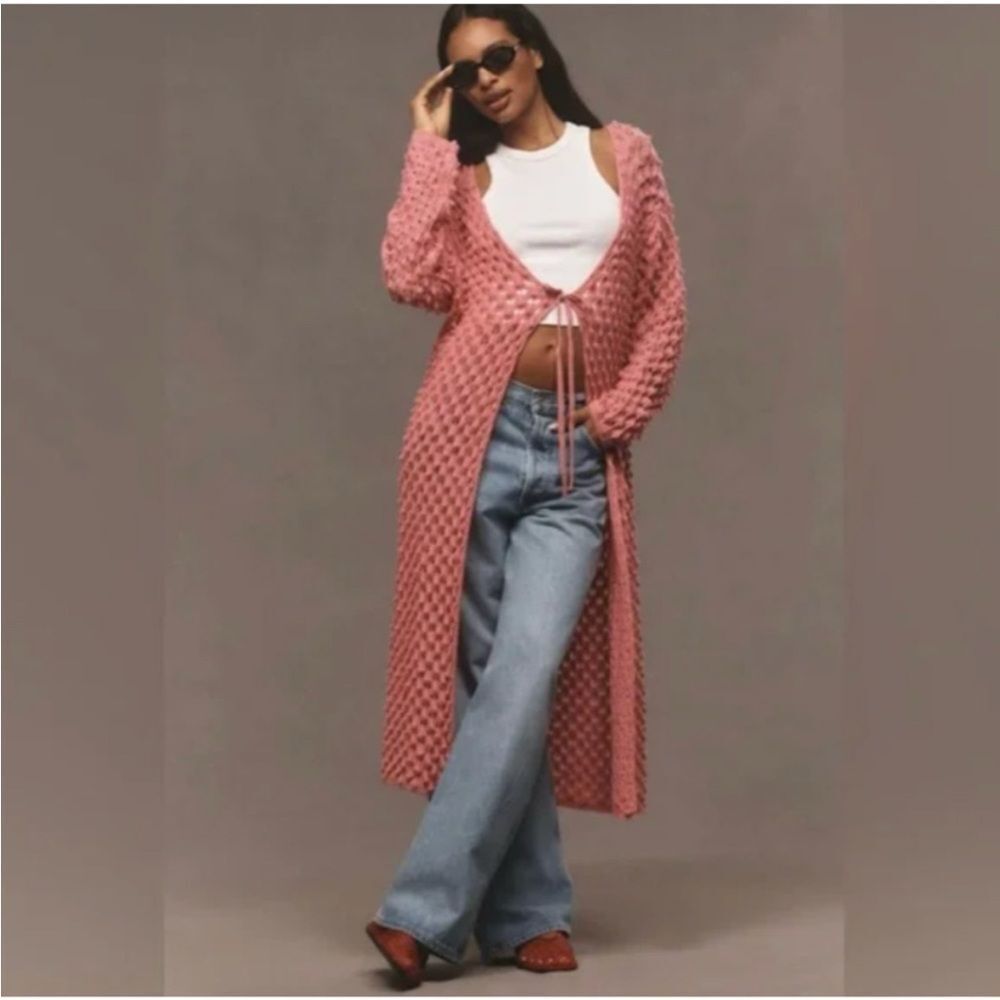 MAEVE x ANTHROPOLOGIE Long Front-Tie Popcorn Crochet Duster Cardigan Sweater OS